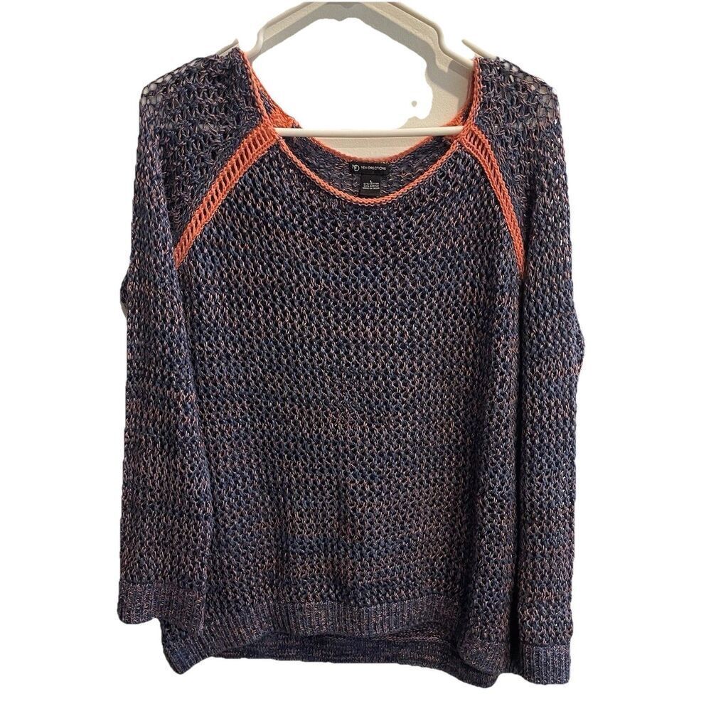 New Directions Sweater Women's Top Sz L Open Knit Stretch Purple Pink Cotton
